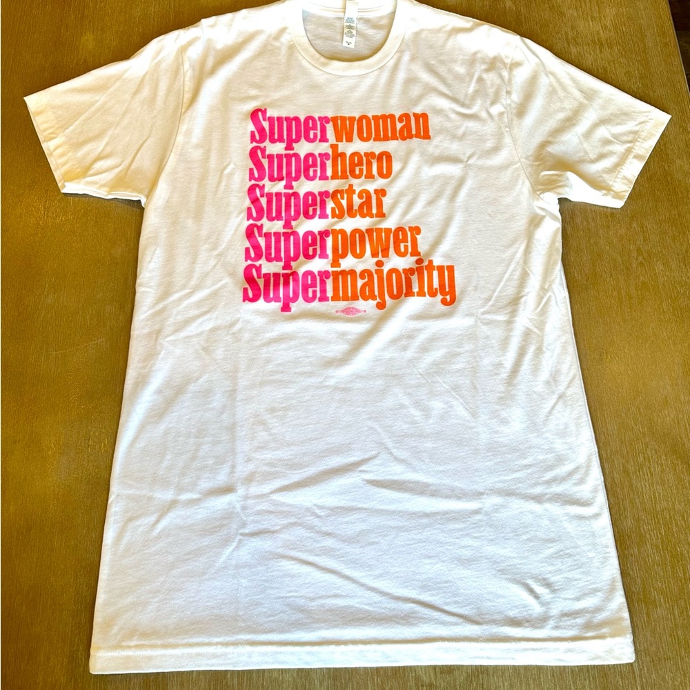 Super Woman White Graphic Tee with Pink and Orange Print
